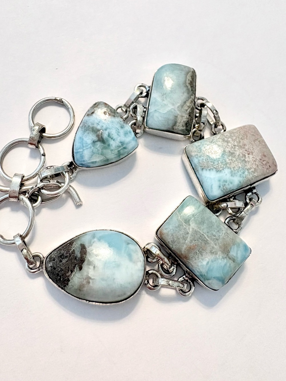 5 stone, natural Larimar toggle bracelet. The bracelet fits size 7–7 1/2–8